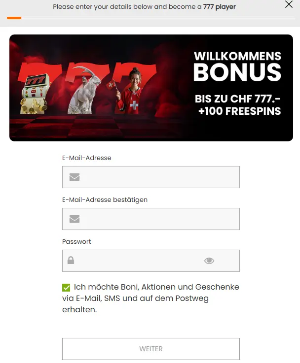 Registrierungsformular – Spielerkonto mit E-Mail-Adresse und Passwort erstellen